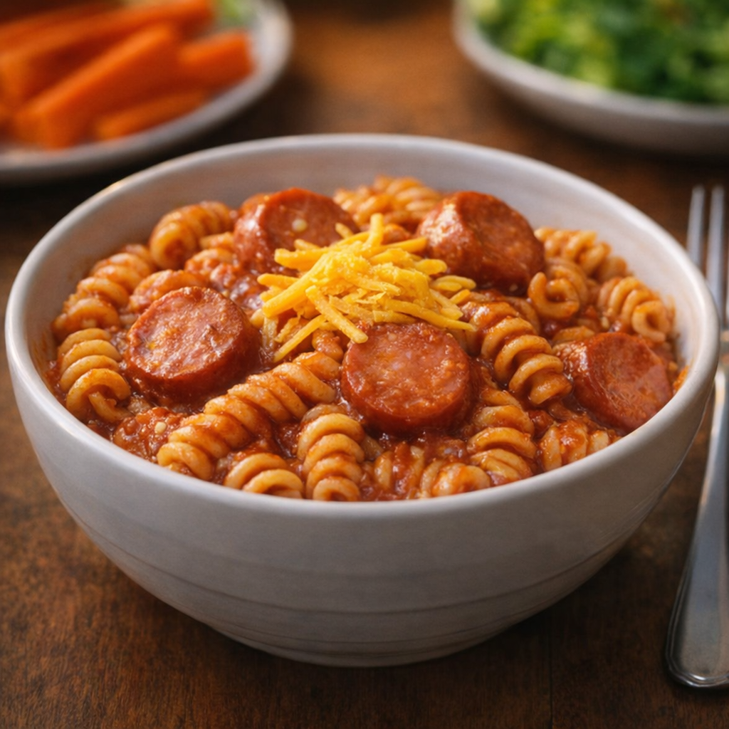 Eye-level bowl of hot dog pasta with optional shredded cheese for kids