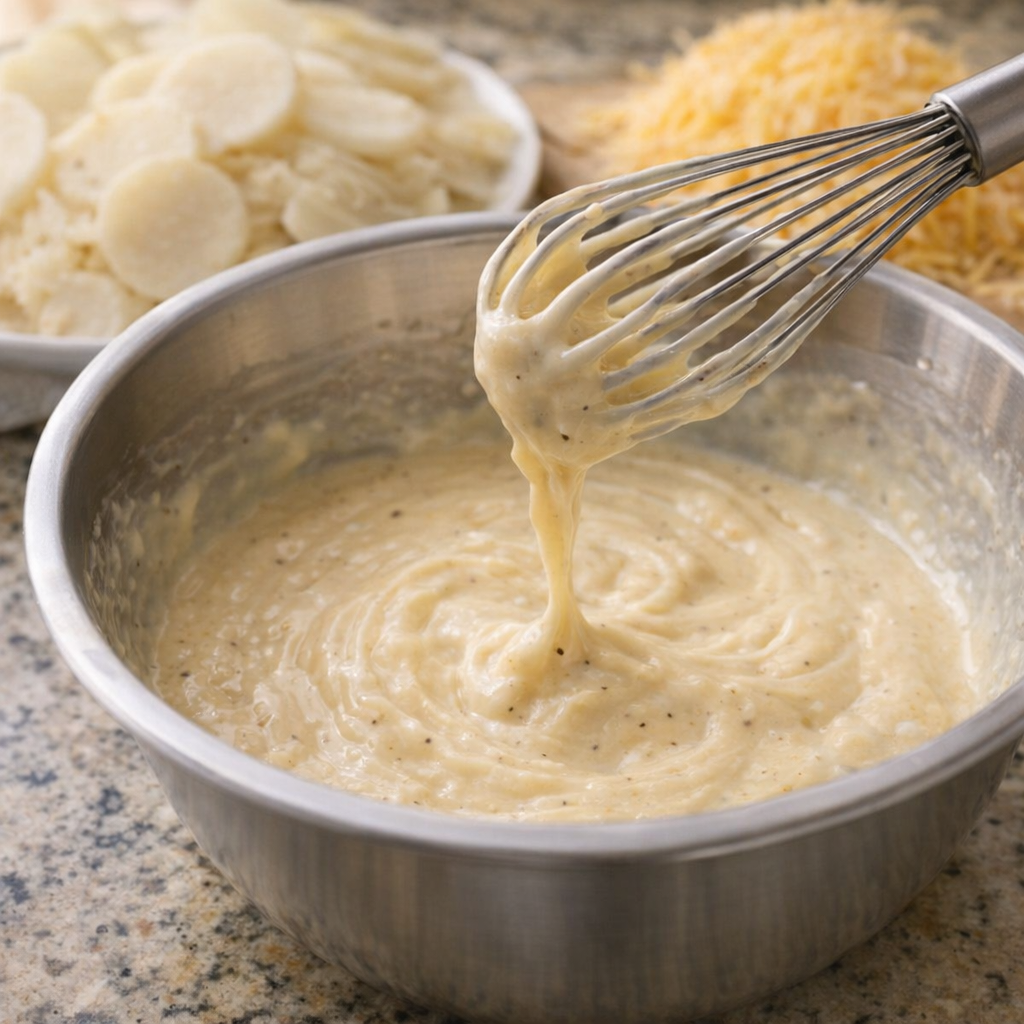 Creamy potato sauce being mixed in a bowl