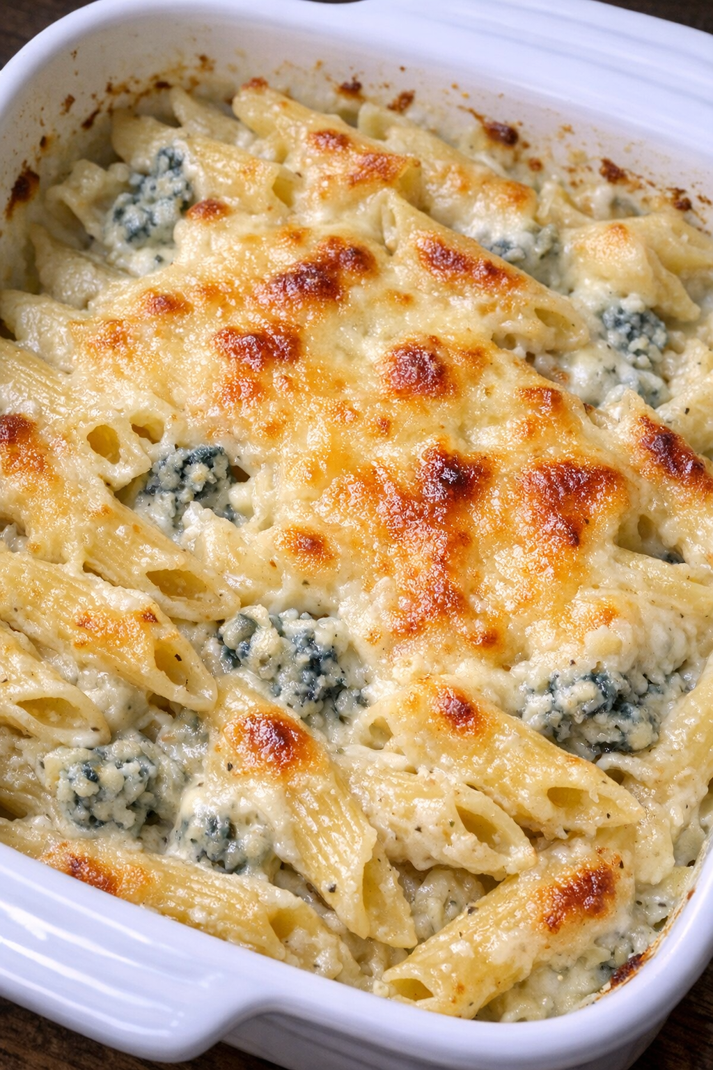 Creamy blue cheese penne bake fresh from the oven