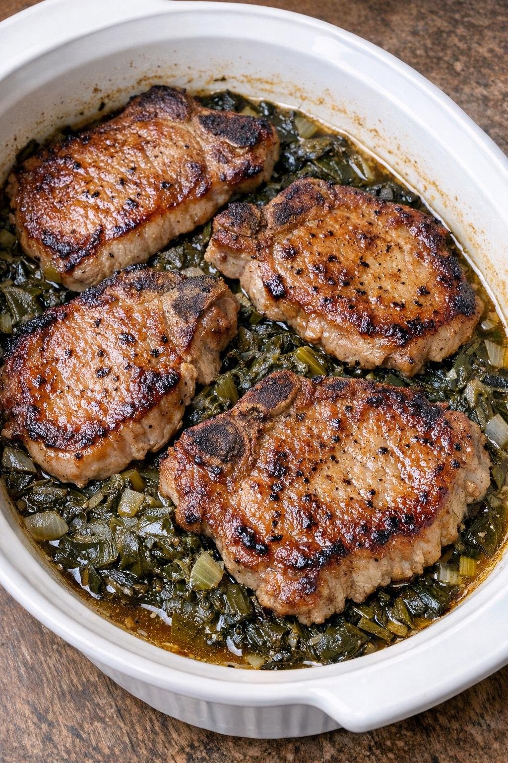 Golden browned pork chops baked over turnip greens in a white casserole dish