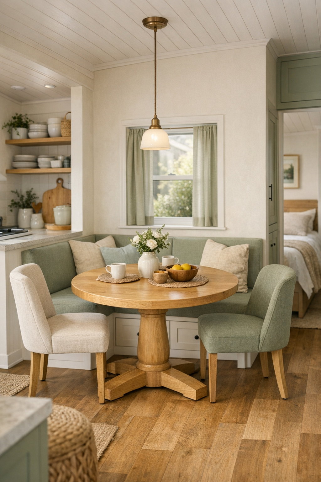 Tiny home dining area with round wood table and built-in banquette