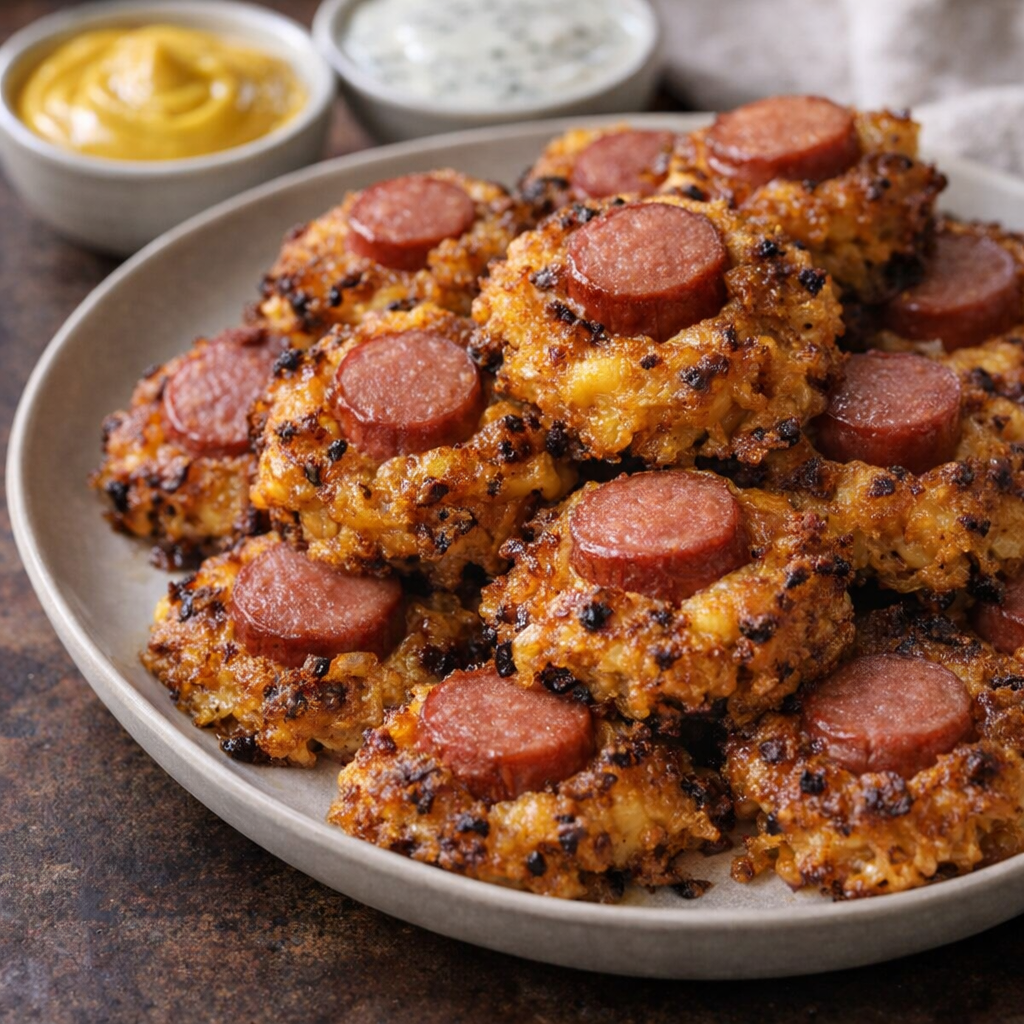 Cheddar hot dog bites served with dipping sauces