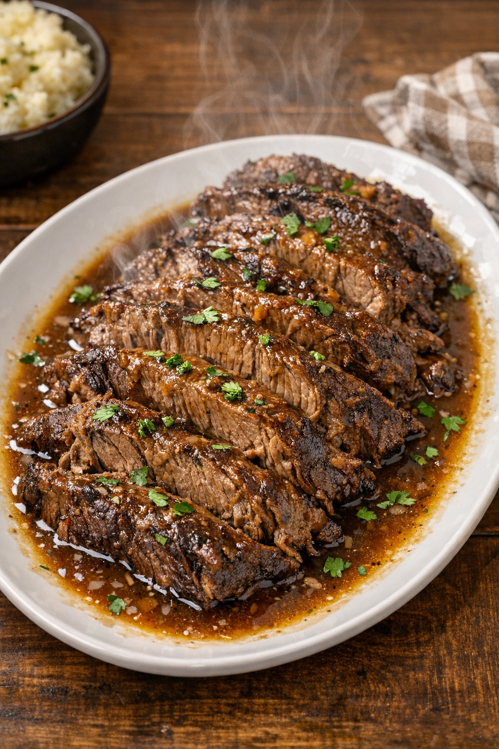 Finished plated chuck roast with brown gravy on a white platter