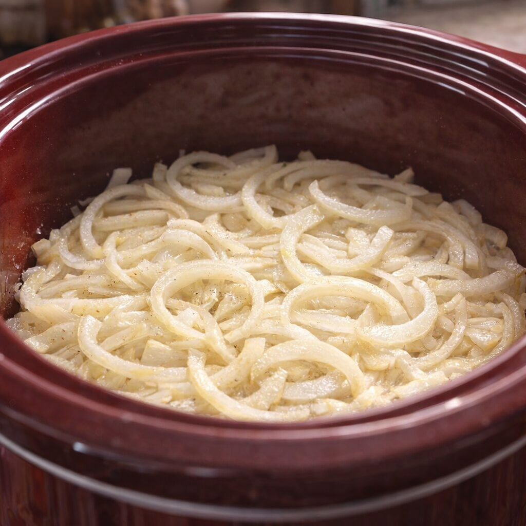 First layer of onions in the slow cooker