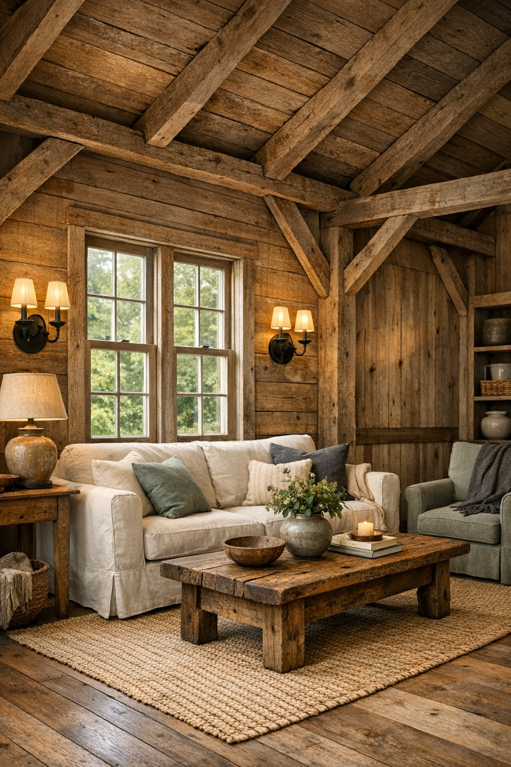Cozy barn-style tiny home living room with exposed wood beams and soft neutral furnishings