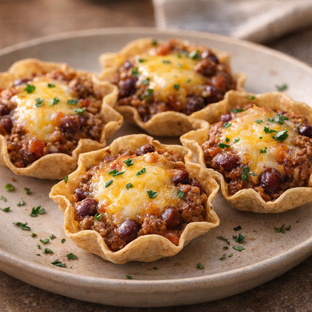 Plate of baked chili scoops served for family snacking
