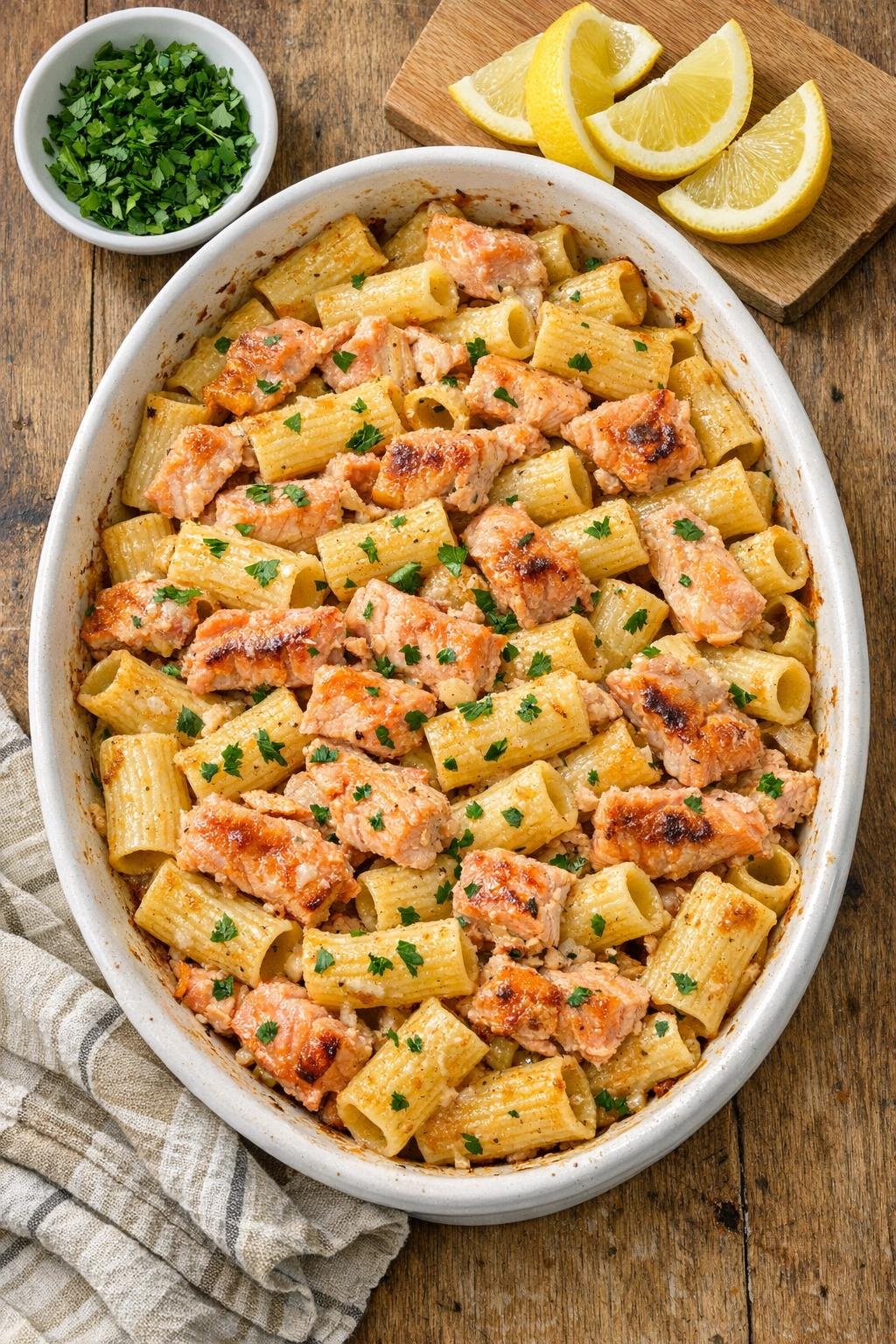 Finished baked salmon belly rigatoni casserole