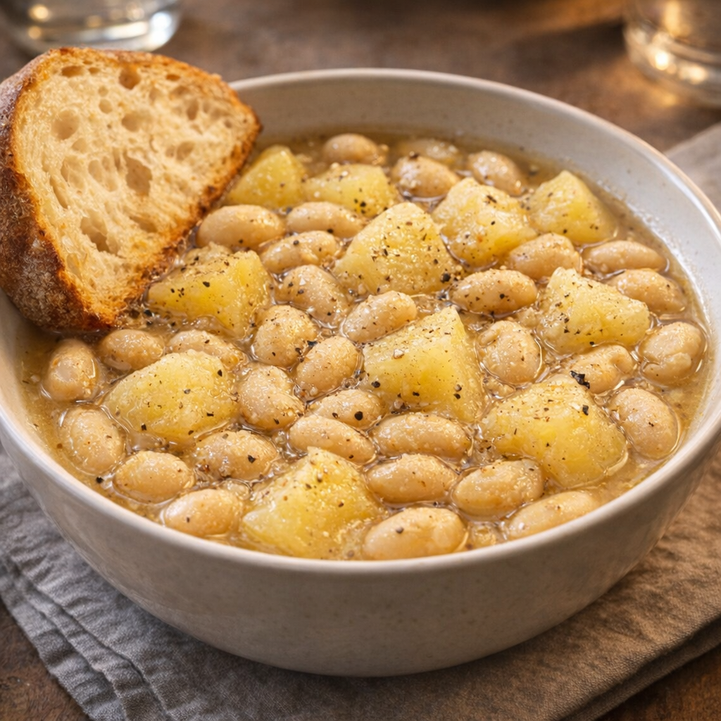 Bowl of potato and butter bean stew served with black pepper and bread