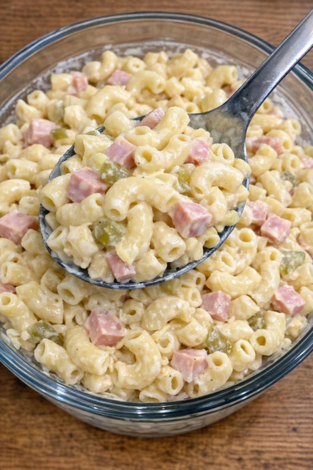 Macaroni Harrison salad in a glass serving bowl