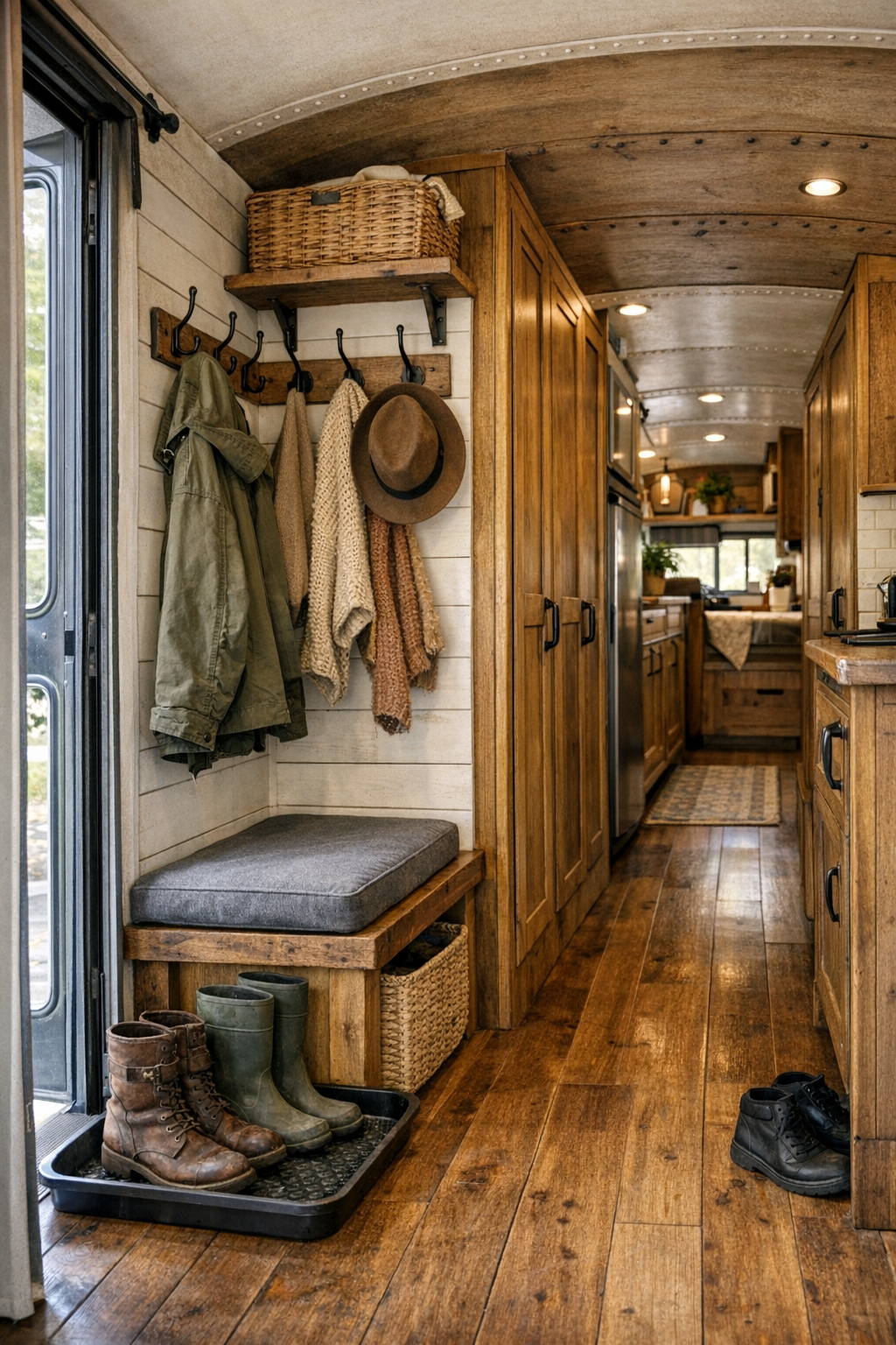 Bus hallway and entry area with built-in storage, bench, and rustic details