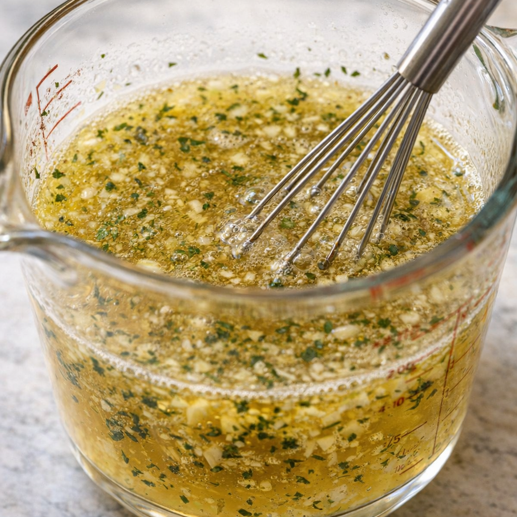 Golden garlic butter mixture being whisked in a measuring cup