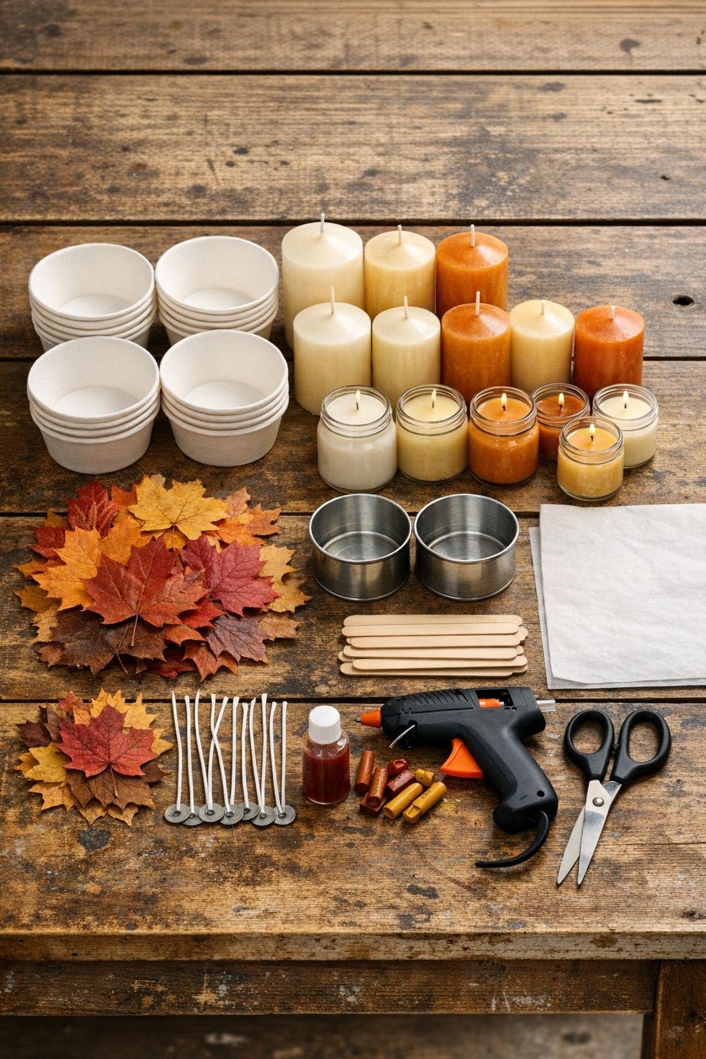 Materials for layered candle wax harvest bowls laid out on a workbench
