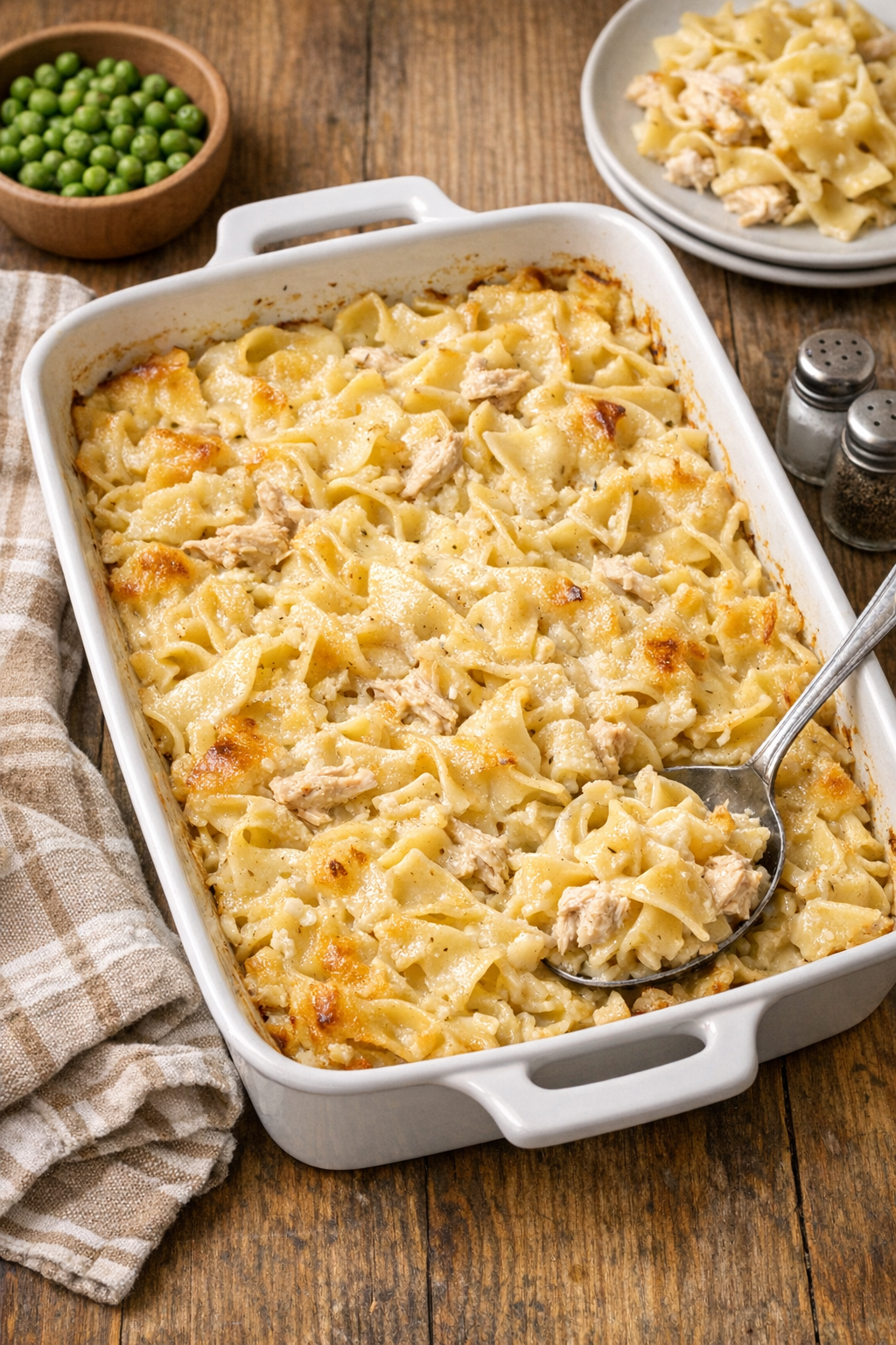 Finished creamy chicken noodles baked in a casserole dish