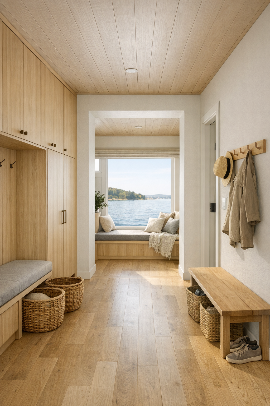 Thoughtful houseboat hallway and nook with built-in storage, a bench, and a water-view window seat
