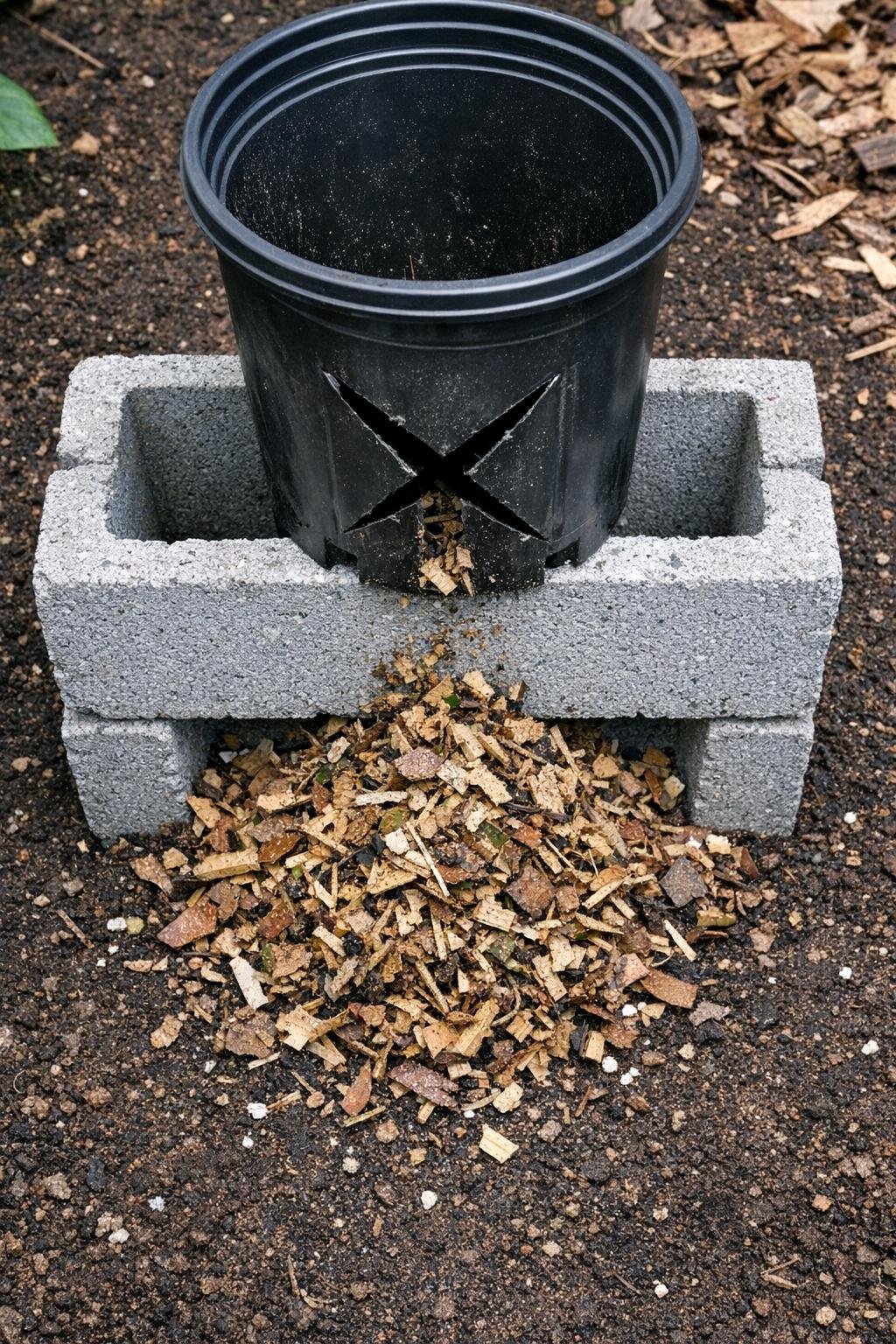 Finished cinder block garden debris chopper set up outdoors