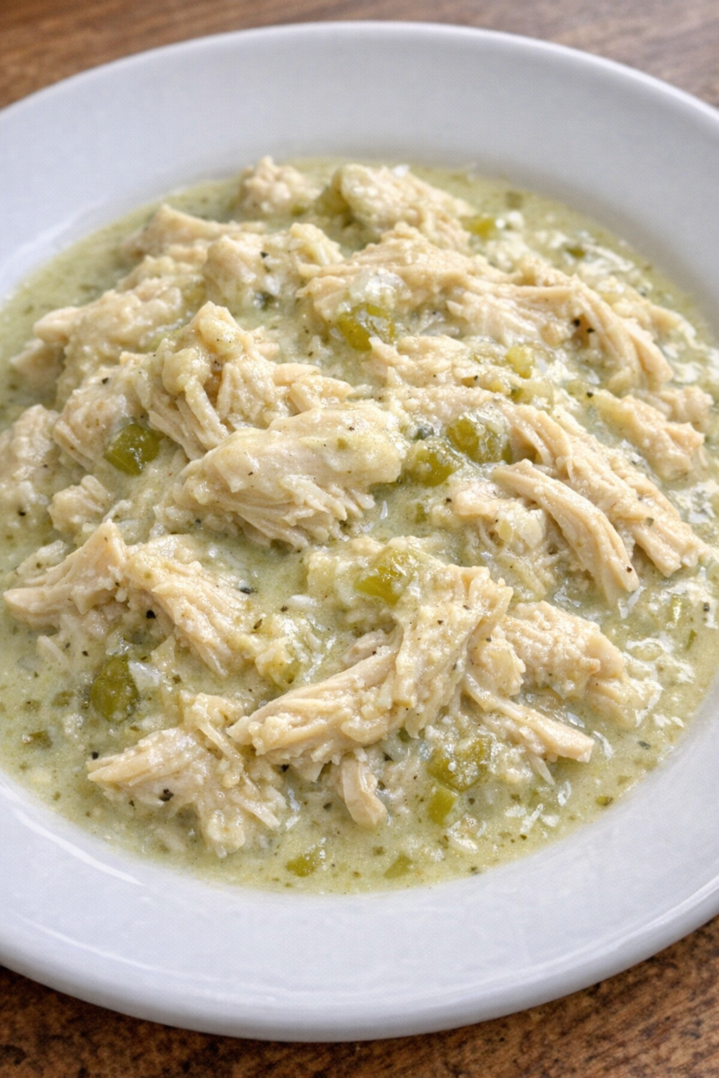 Creamy salsa verde chicken on a white plate