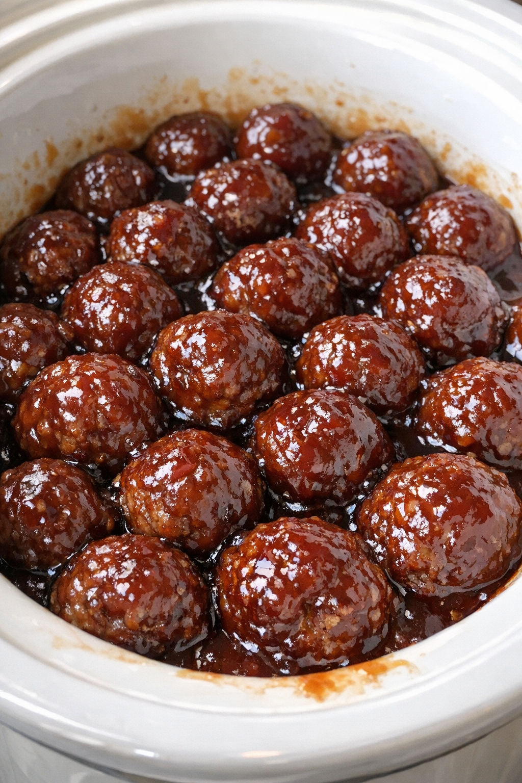 3-ingredient grape jelly meatballs in a white ceramic slow cooker insert
