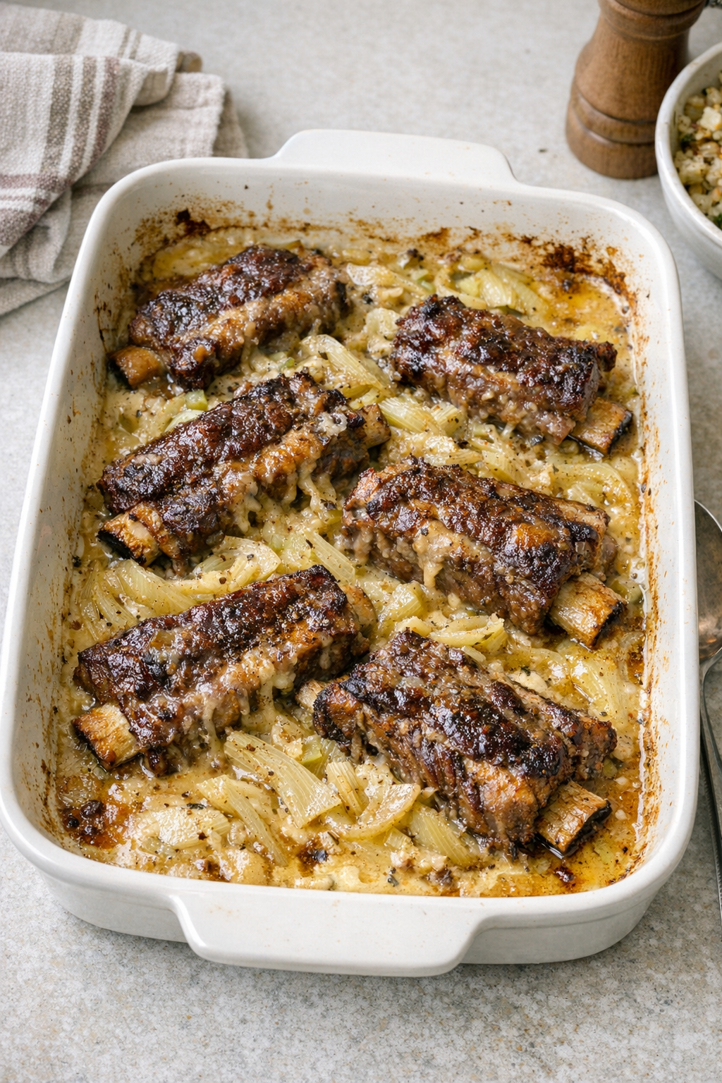 Finished Amish beef and fennel bake in a rustic baking dish