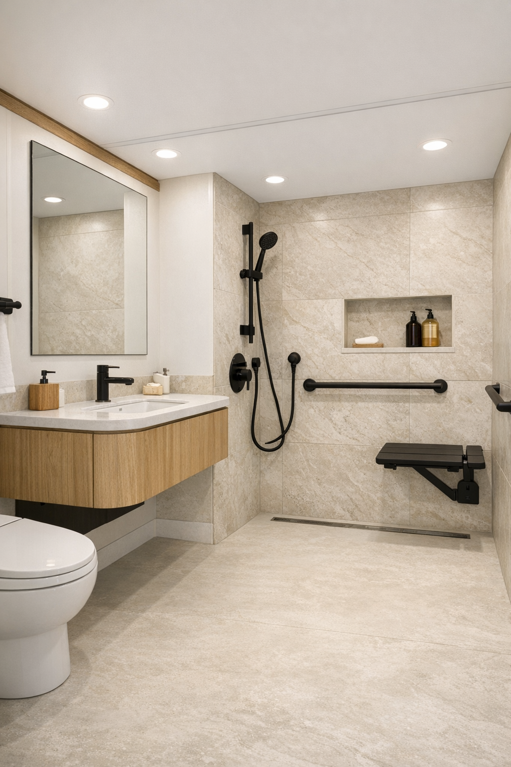 Accessible RV camper bathroom with curbless shower, floating vanity, and soft stone finishes