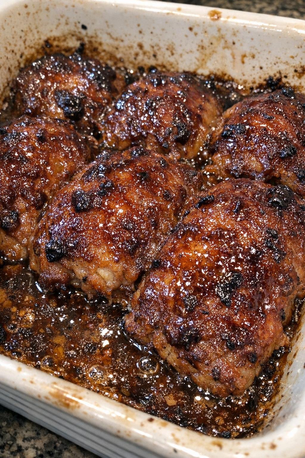 Roasted glazed dinner in a ceramic baking dish