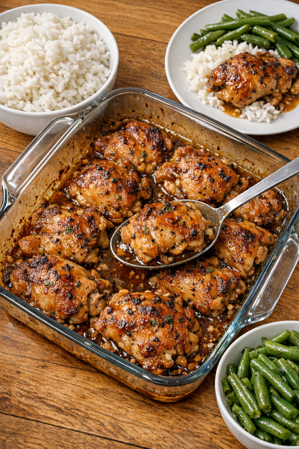 Finished baked potluck chicken in glass baking dish