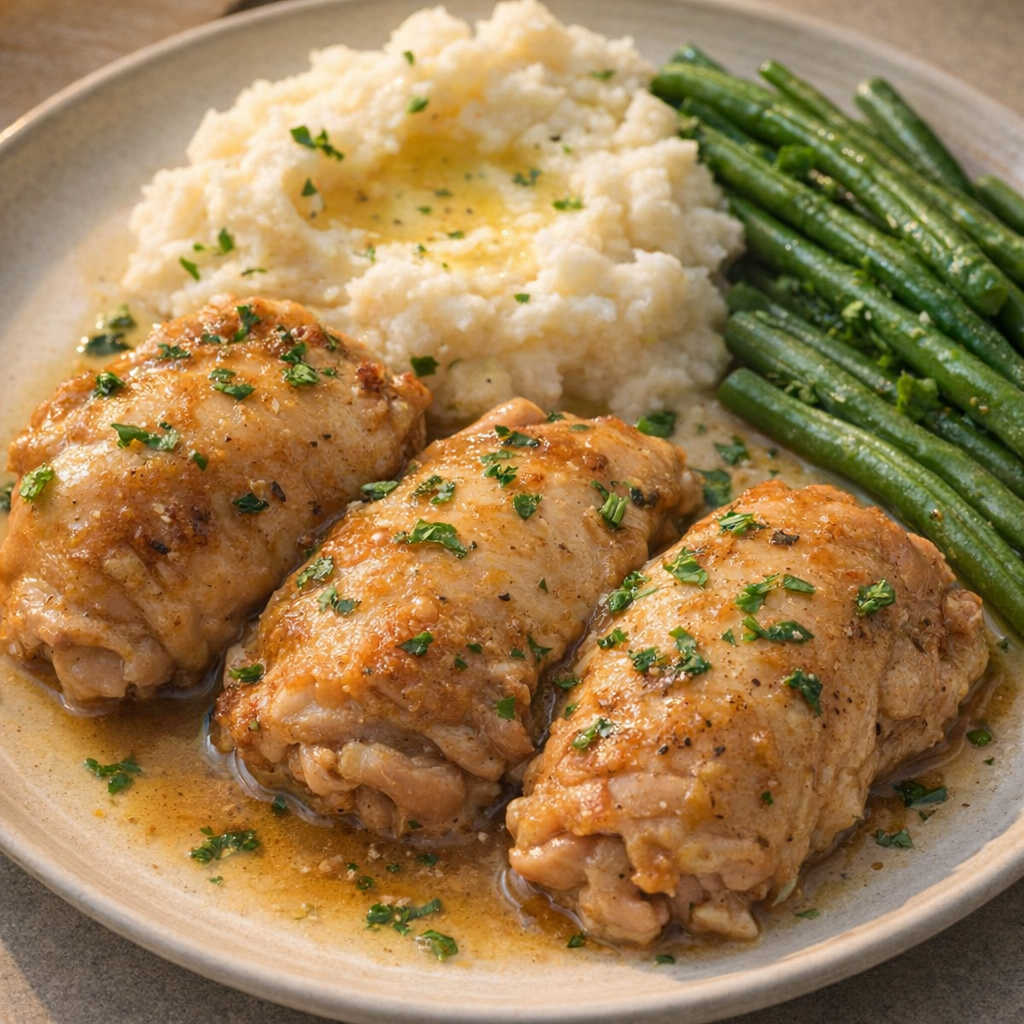 Served chicken thighs with mashed potatoes and green beans