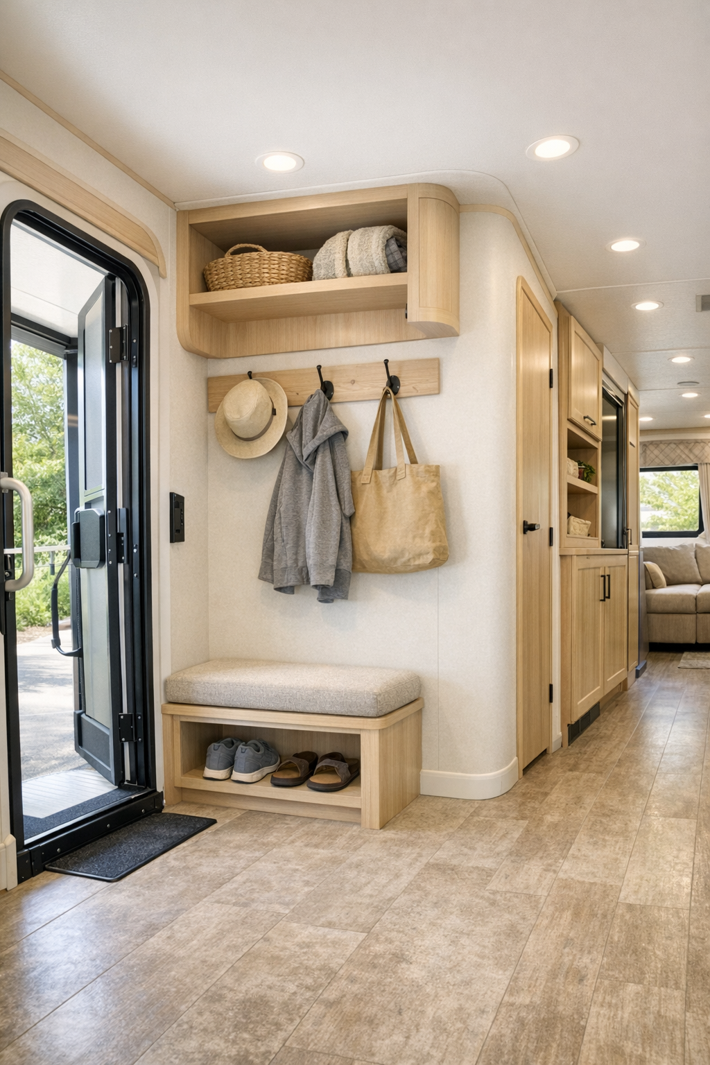 Functional RV entry and hallway with built-in storage, bench, and pale wood finishes