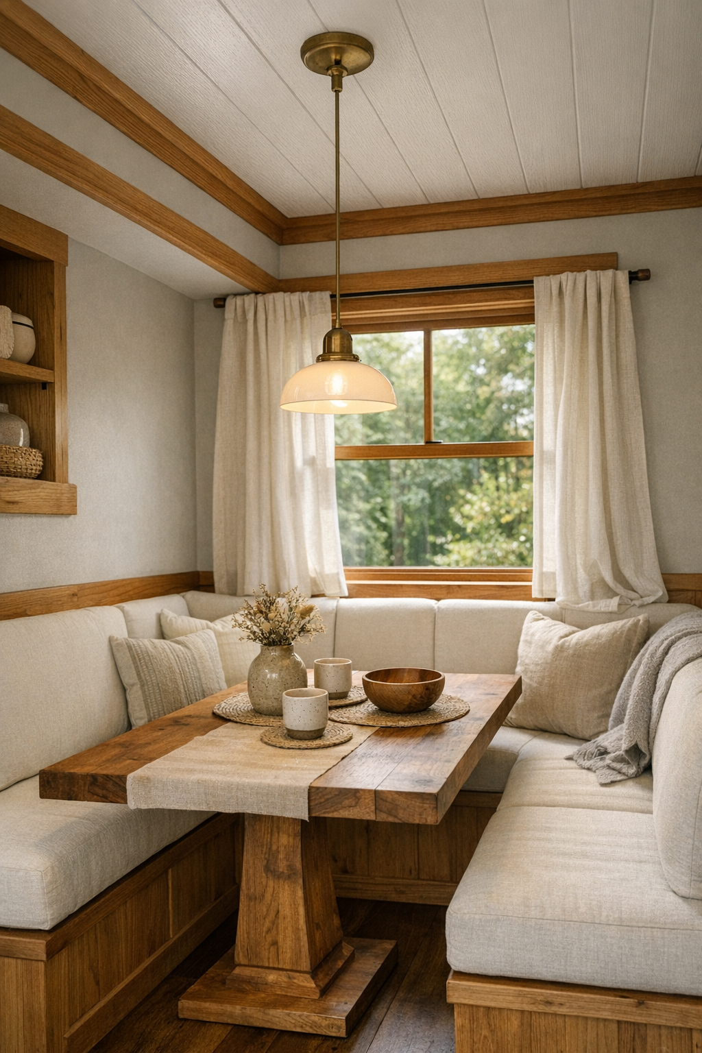Tiny home dining nook with built-in banquette, solid wood table, and soft neutral finishes