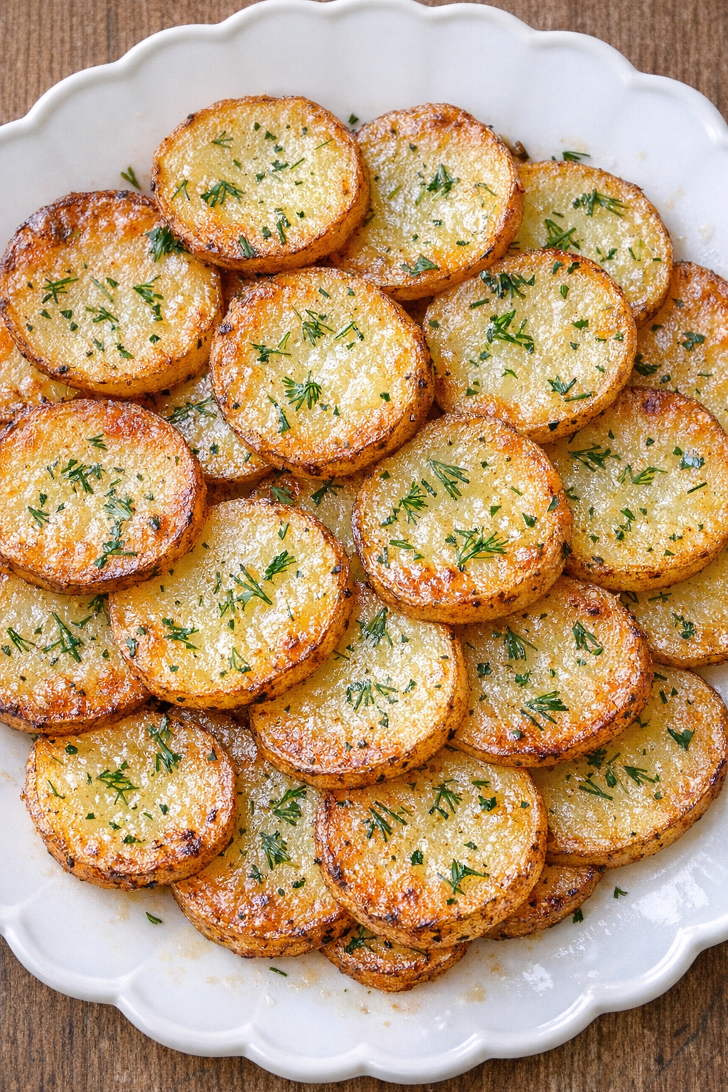 Crispy butter dill potato rounds on a white platter