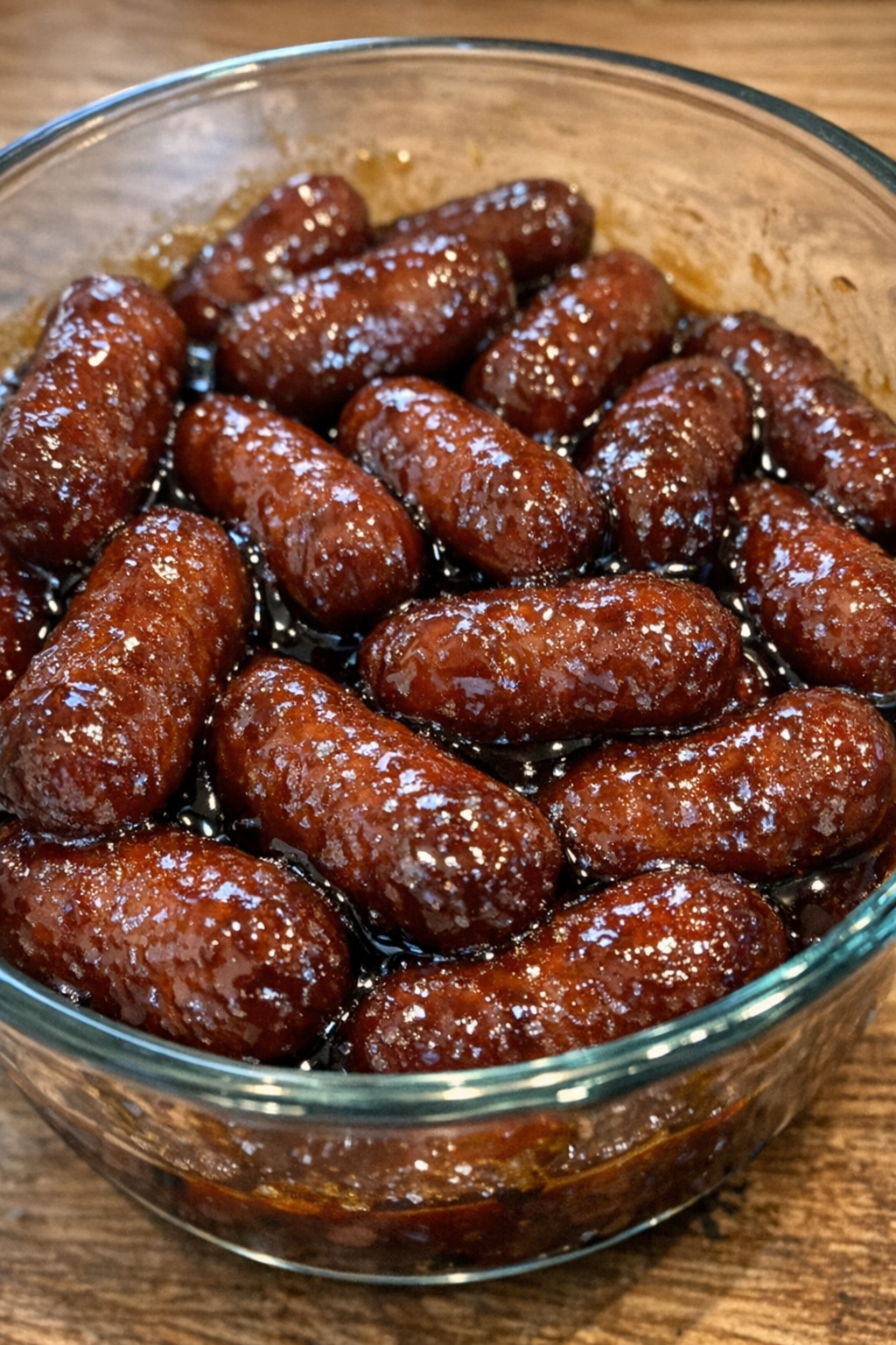 Oven baked 3-ingredient beef cocktail wieners in a glass bowl