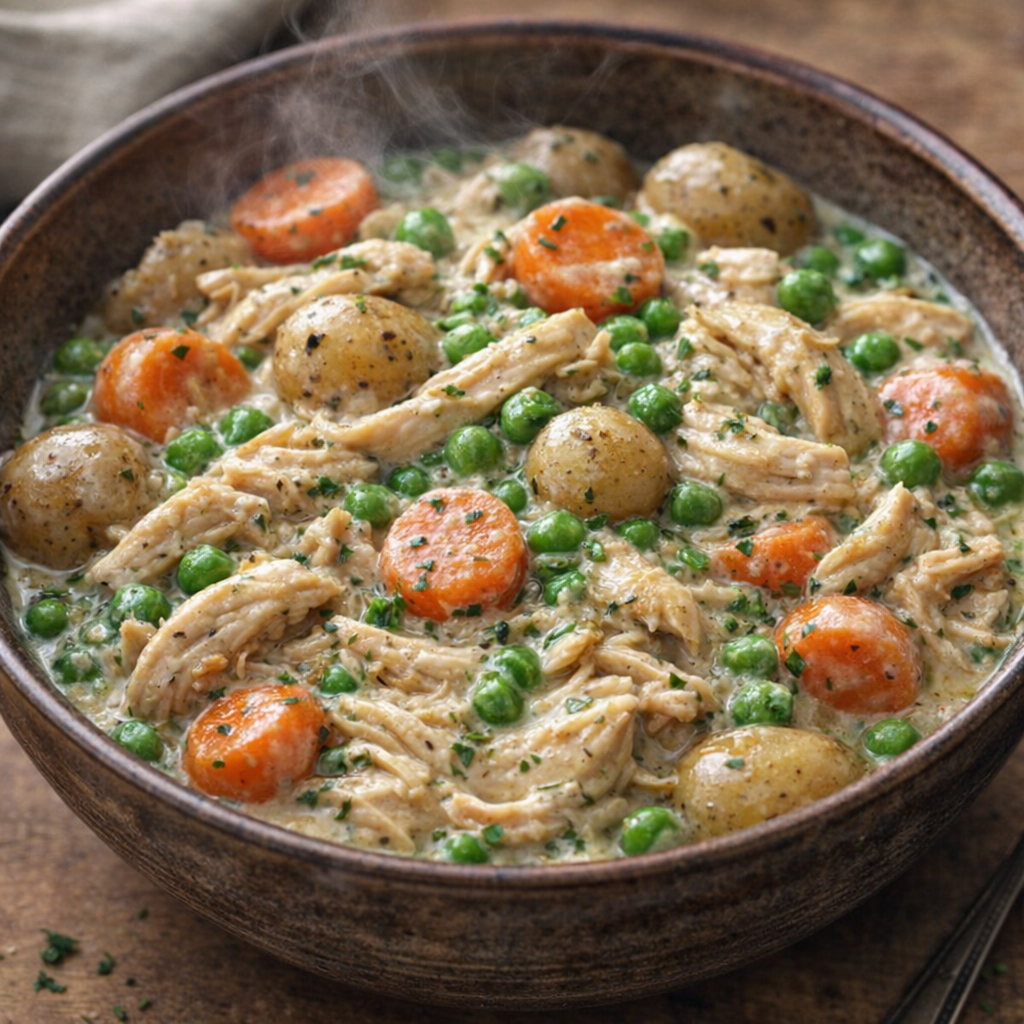 Kip uit de slowcooker met wortelen, aardappelen en erwten