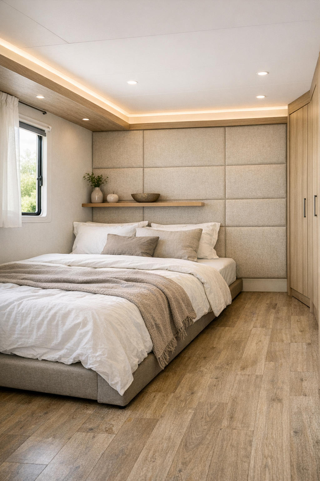 Calm RV bedroom with accessible layout and layered neutral bedding