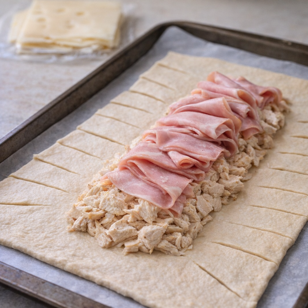 Layered chicken and ham on crescent dough before braiding