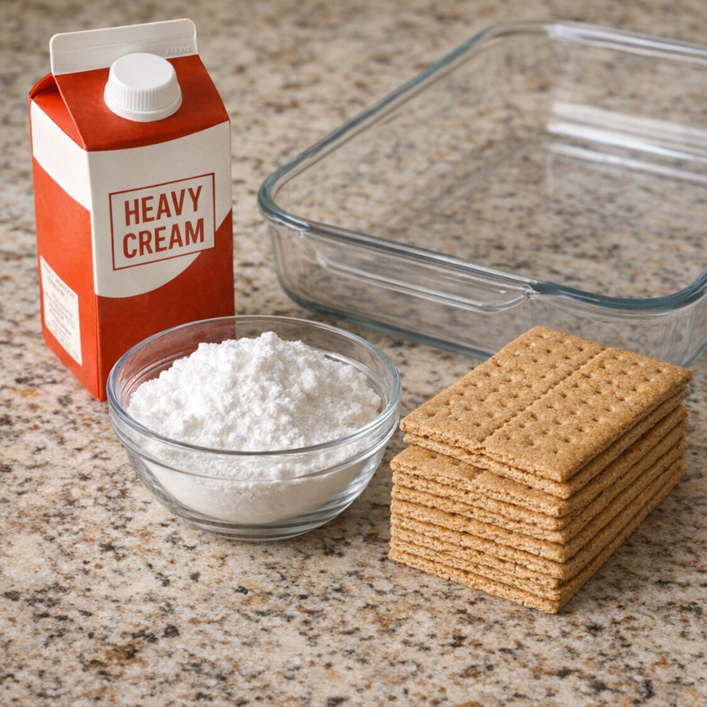 Simple ingredients for icebox cake on countertop
