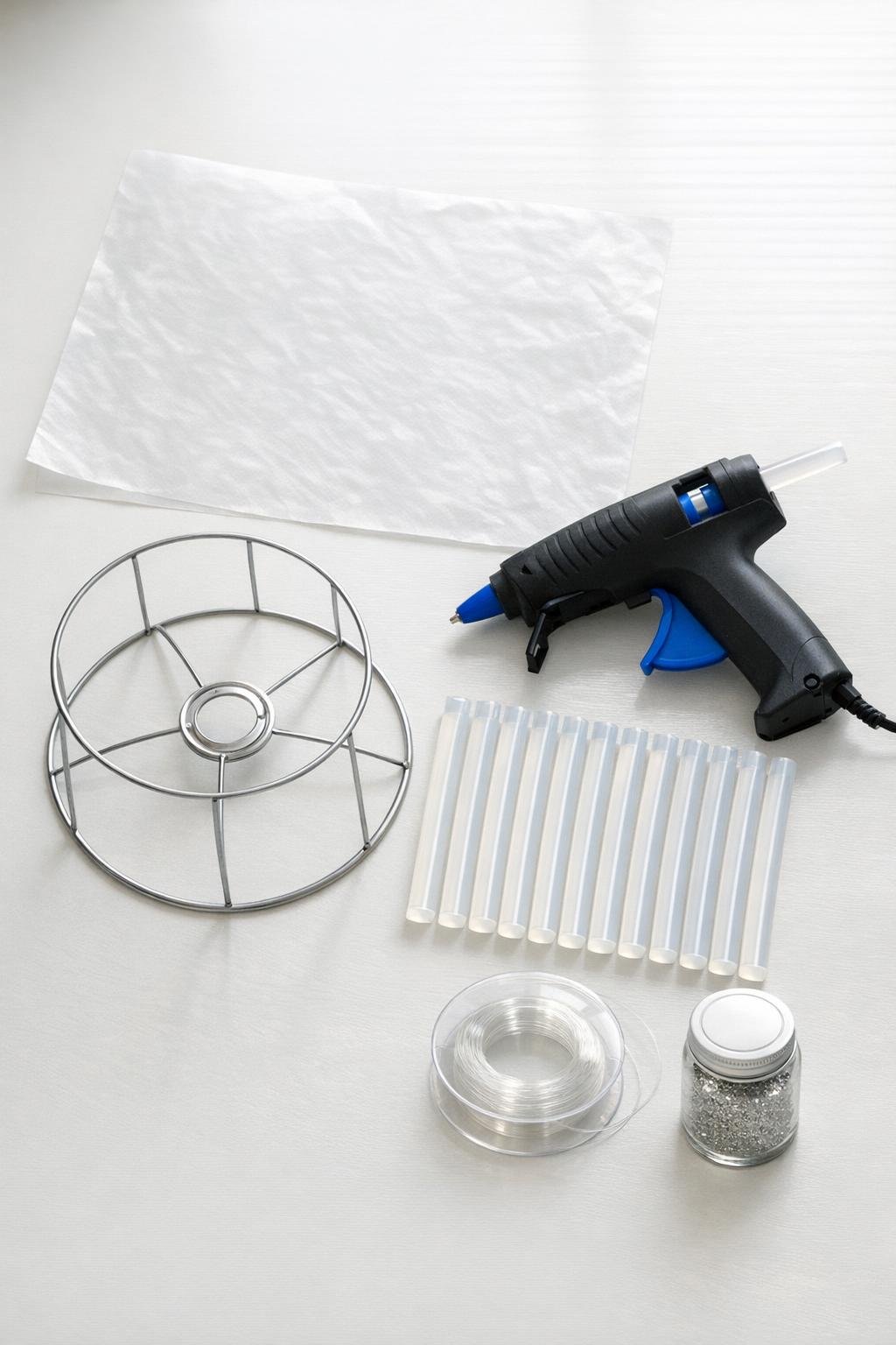 Materials laid out for the lampshade glue craft