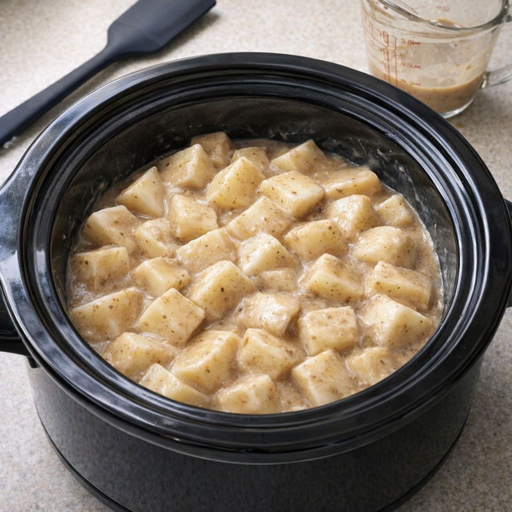 Slow cooker filled with gravy-coated potato chunks before cooking