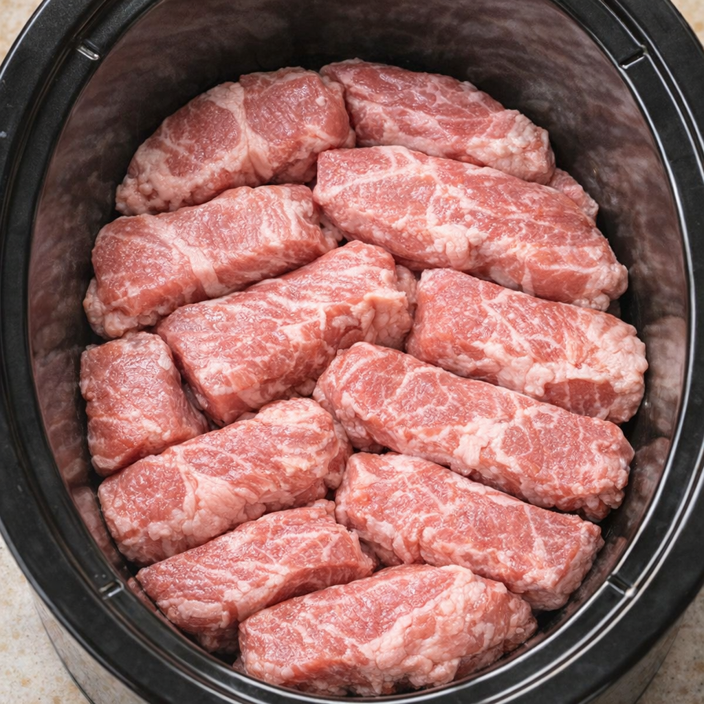 Raw country-style pork ribs arranged in a slow cooker
