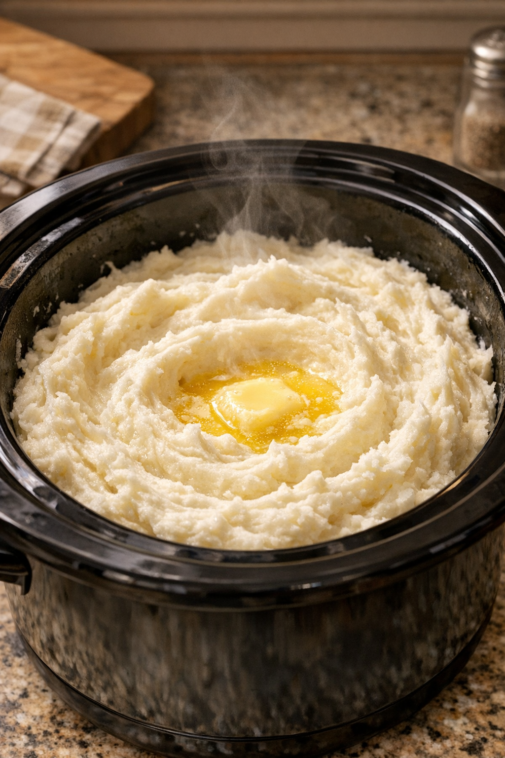Finished fluffy whipped potatoes served from a black slow cooker