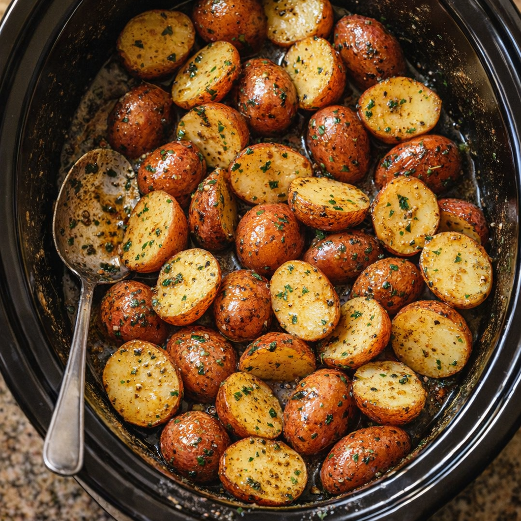 Potatoes coated in glaze inside a slow cooker before cooking