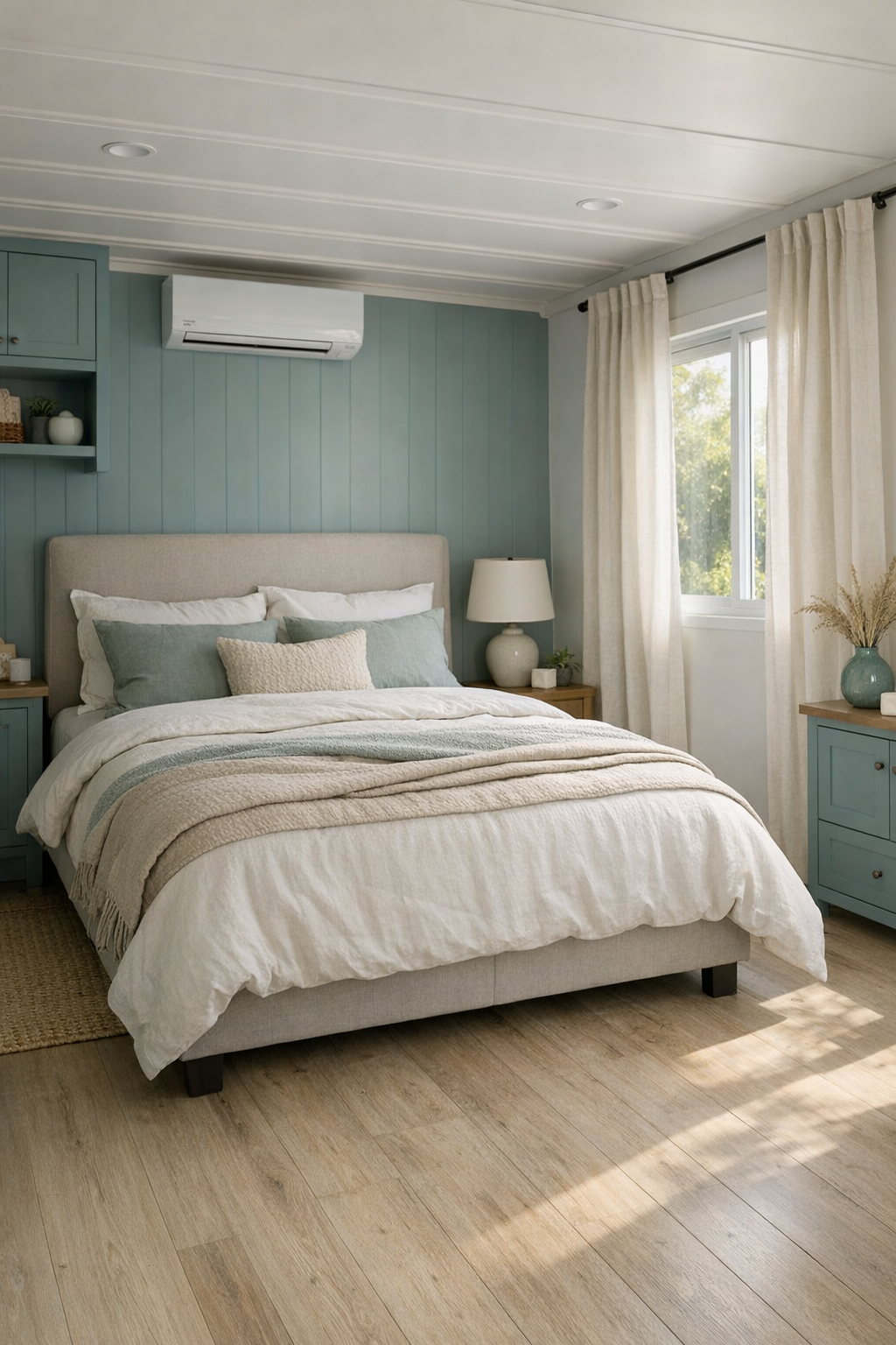 Serene bedroom with soft turquoise accents, layered linens, and accessible clear floor space