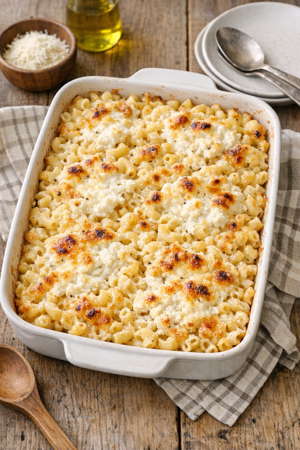 Finished baked ricotta macaroni in a casserole dish