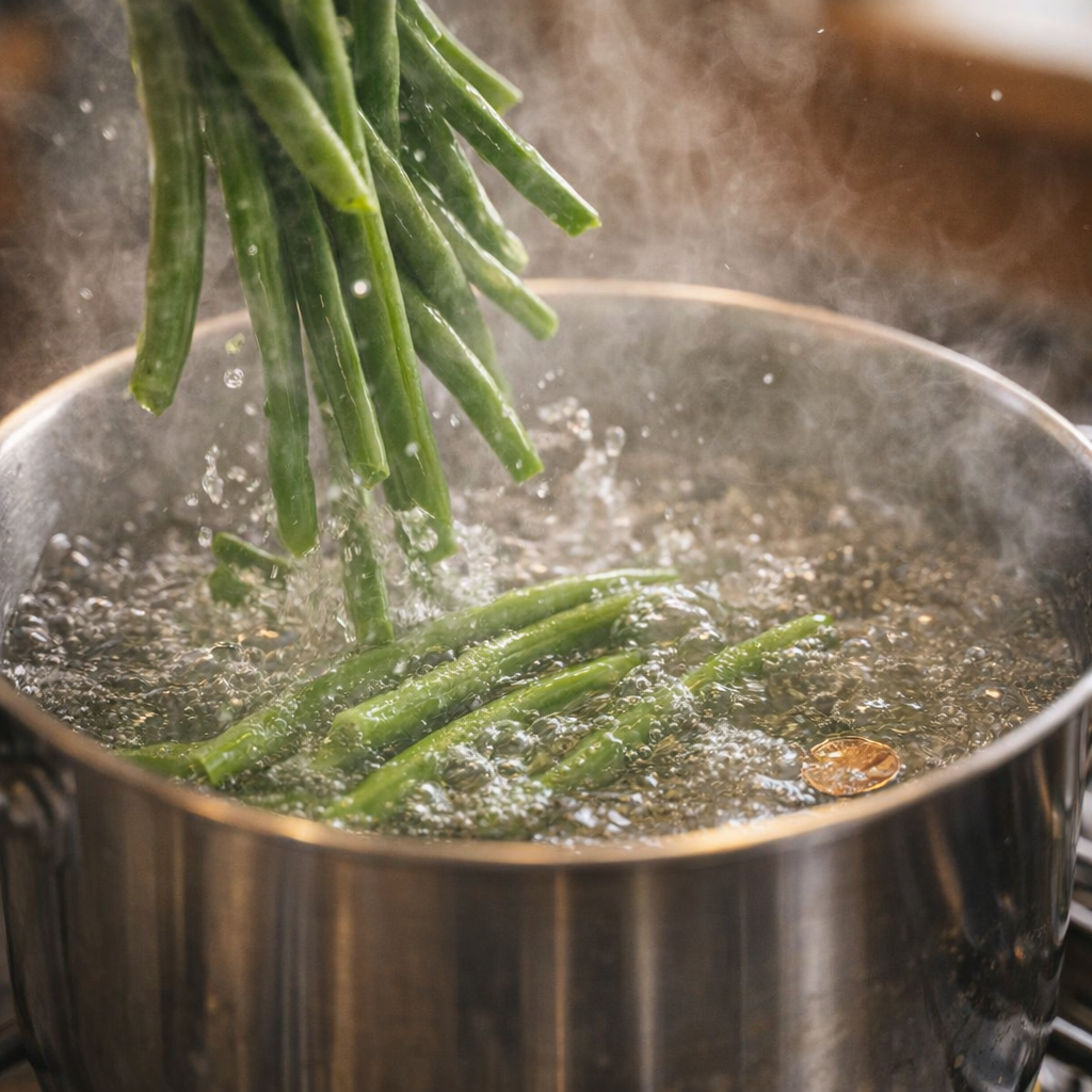 Green beans entering a pot of boiling water