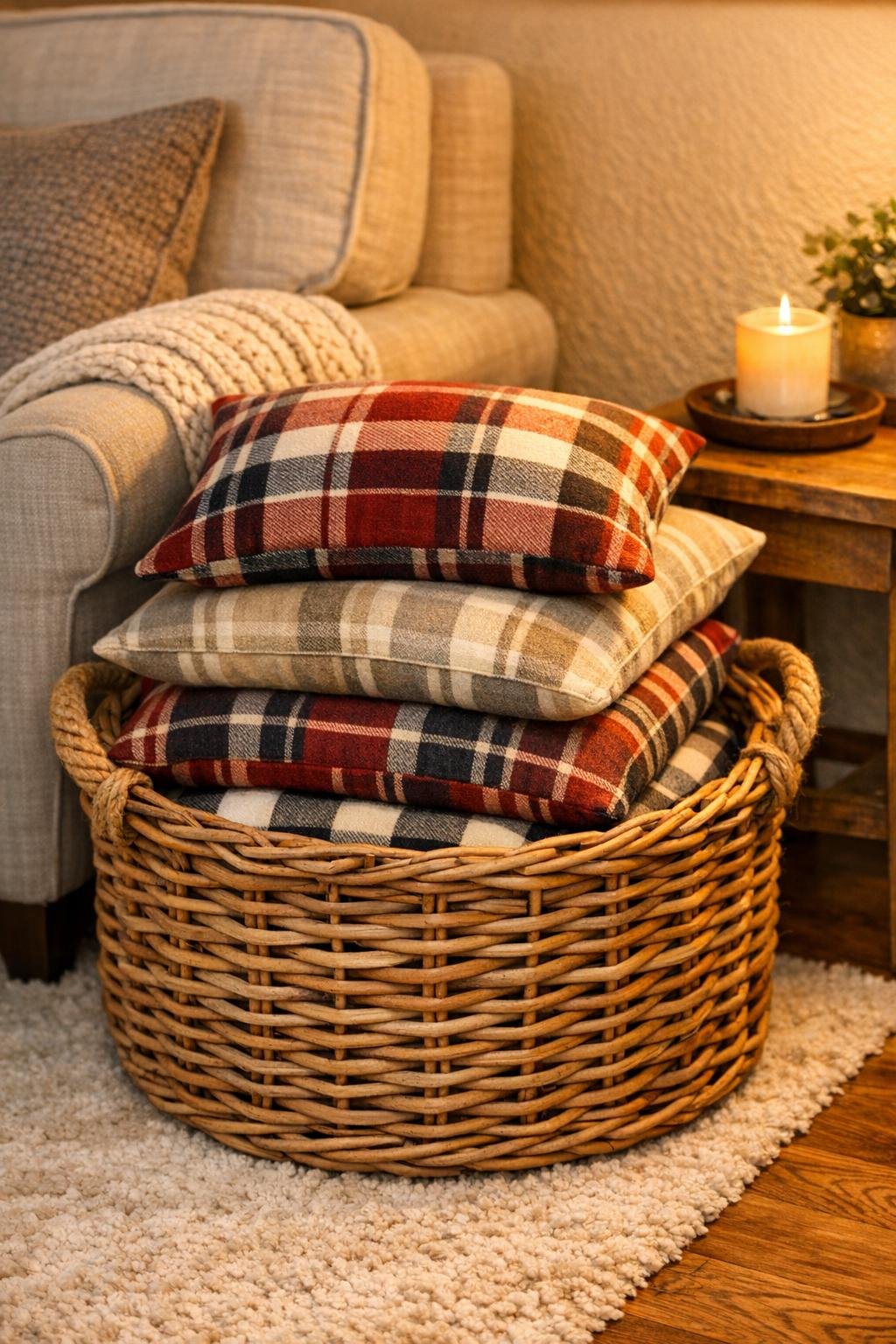 Finished wicker basket throw pillow storage in a living room