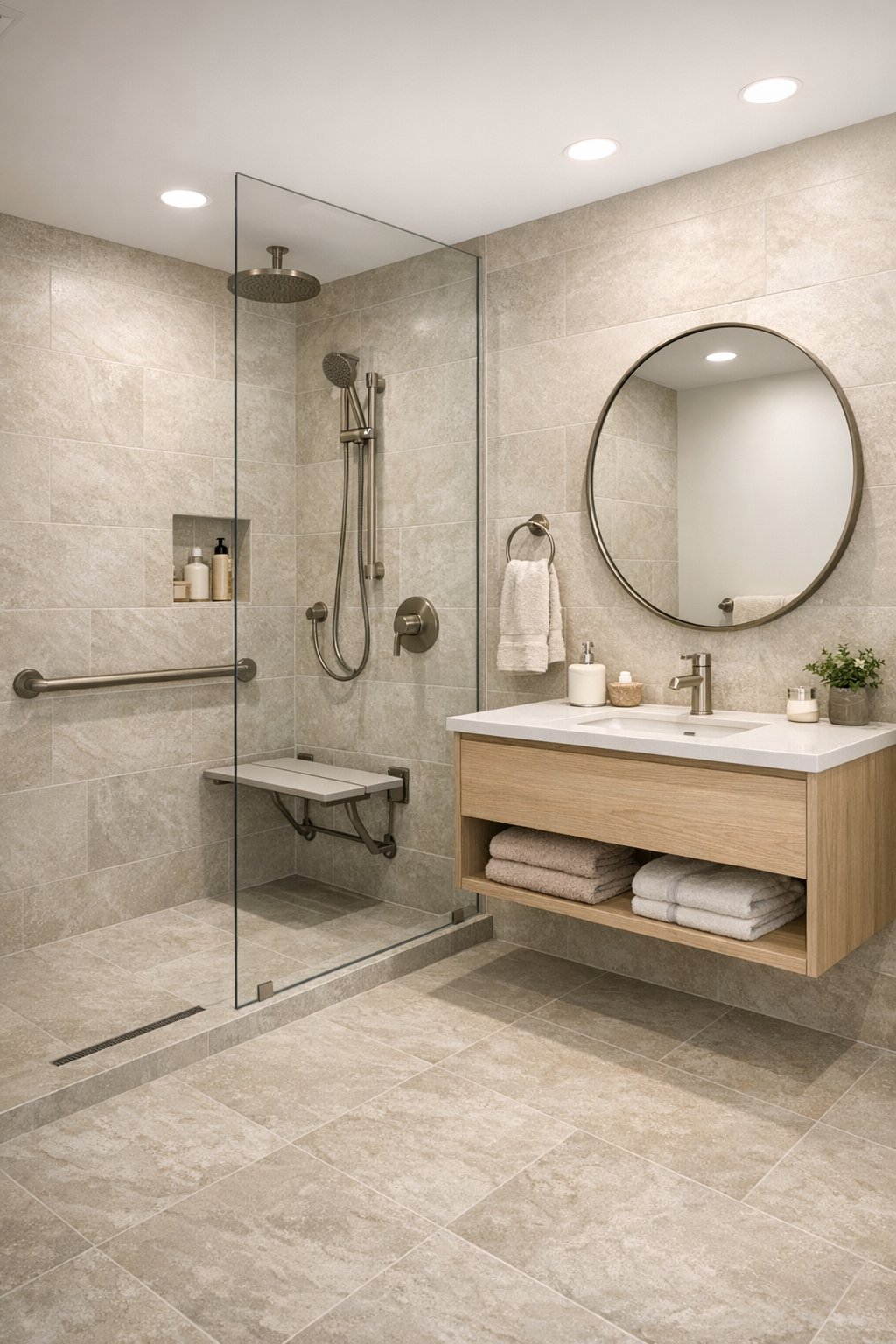 Accessible tiny home bathroom with curbless shower and pale oak vanity