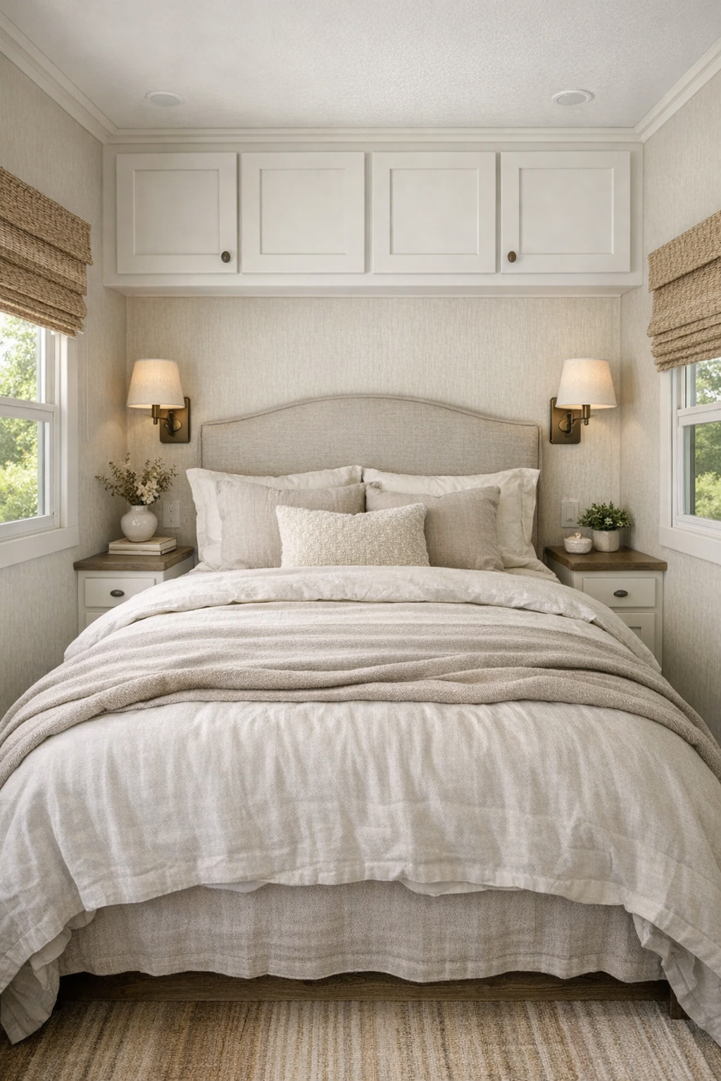 Peaceful cottage bedroom with soft neutral bedding, built-ins, and gentle natural light