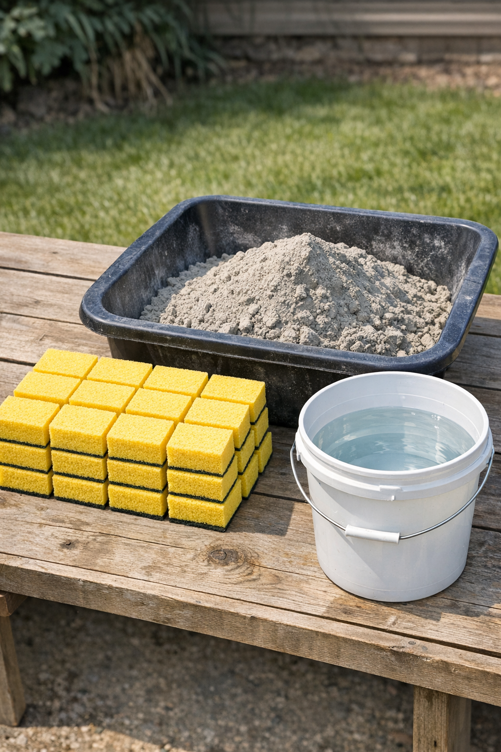 Kitchen sponges, cement mix, and water laid out for the project