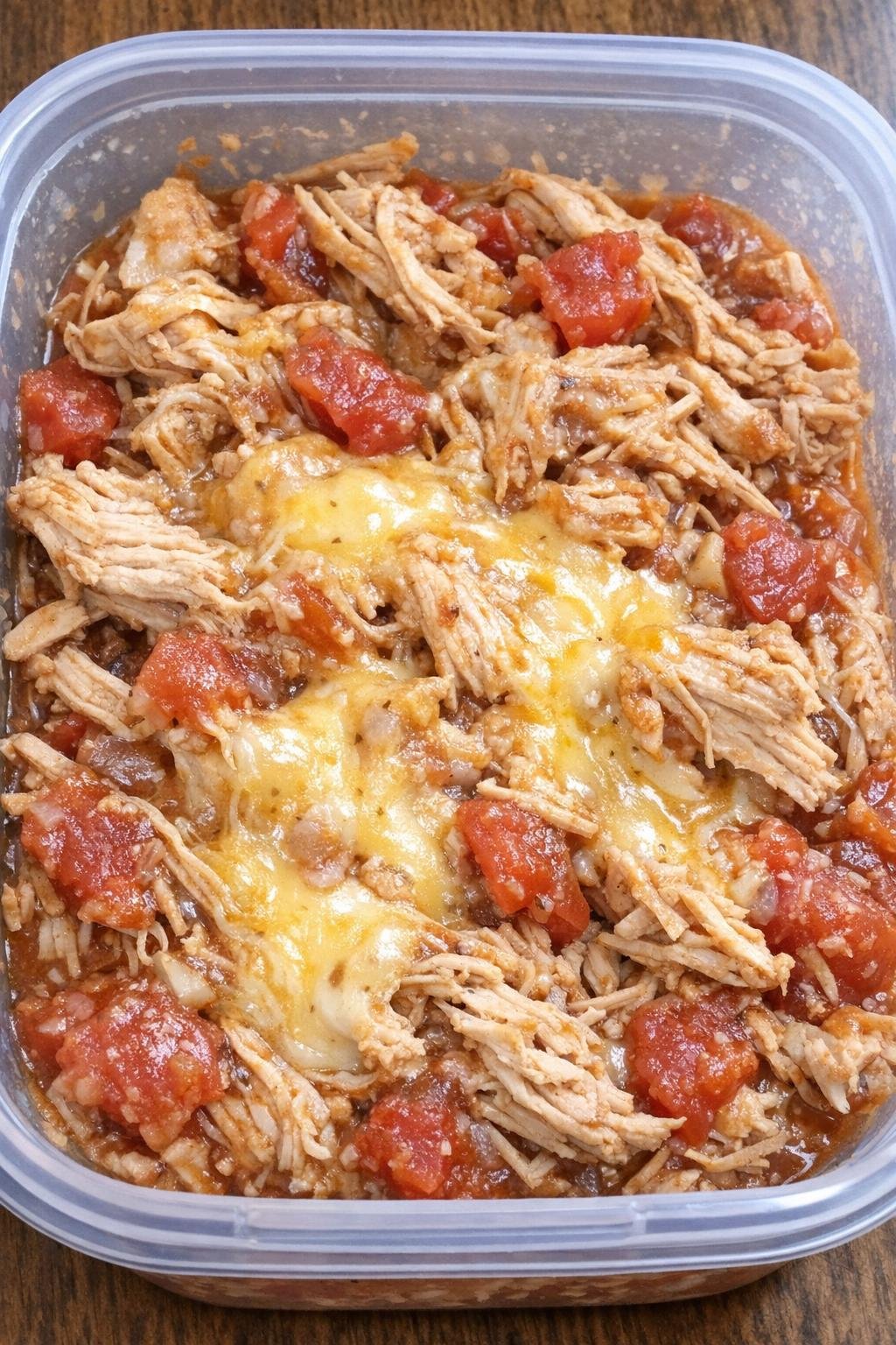 Slow cooker salsa chicken in a plastic container