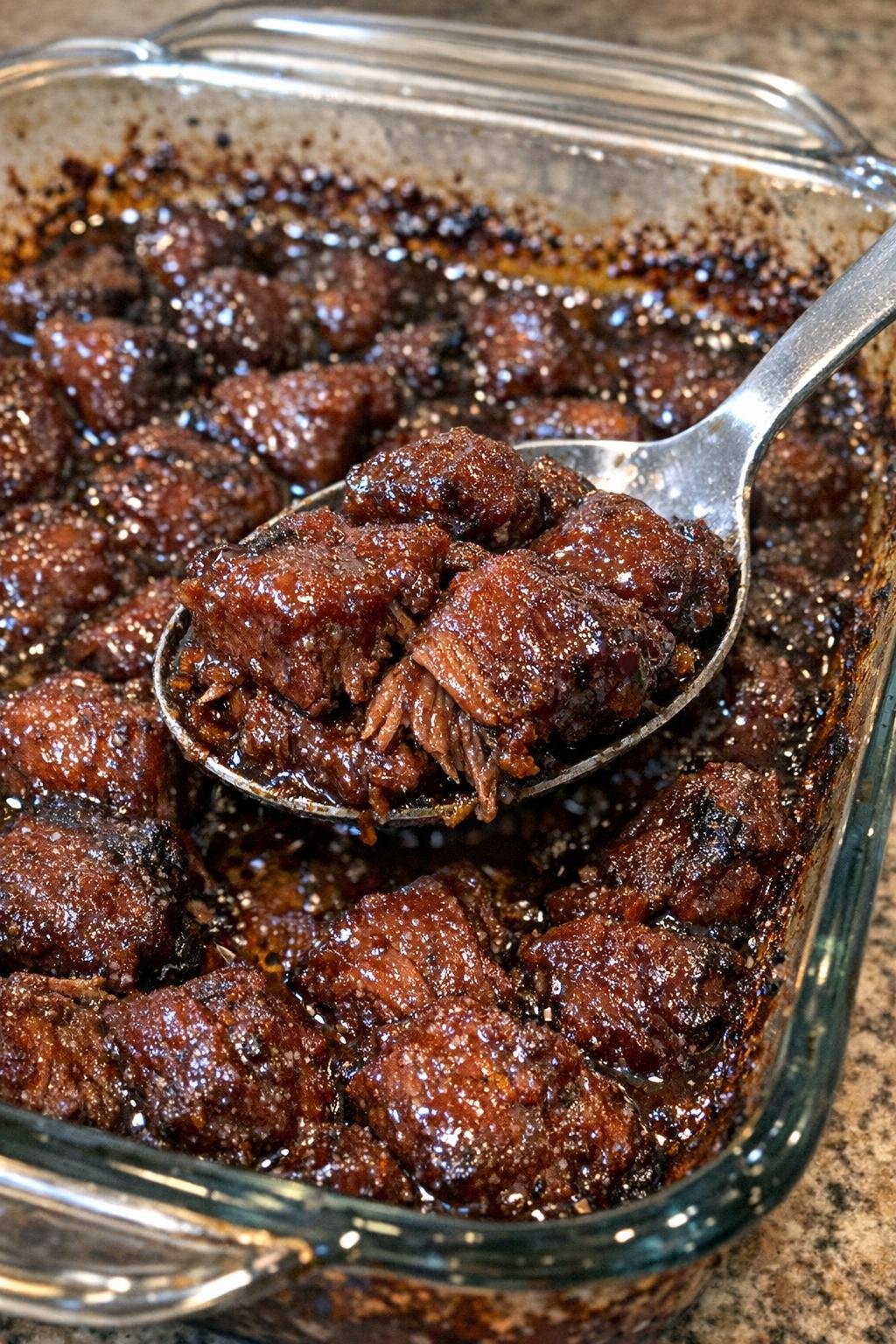 Savory glazed beef bites in a glass baking dish