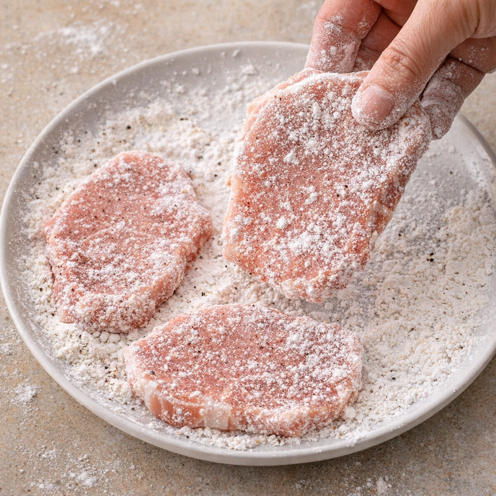 Pork chops being coated in cornstarch mixture