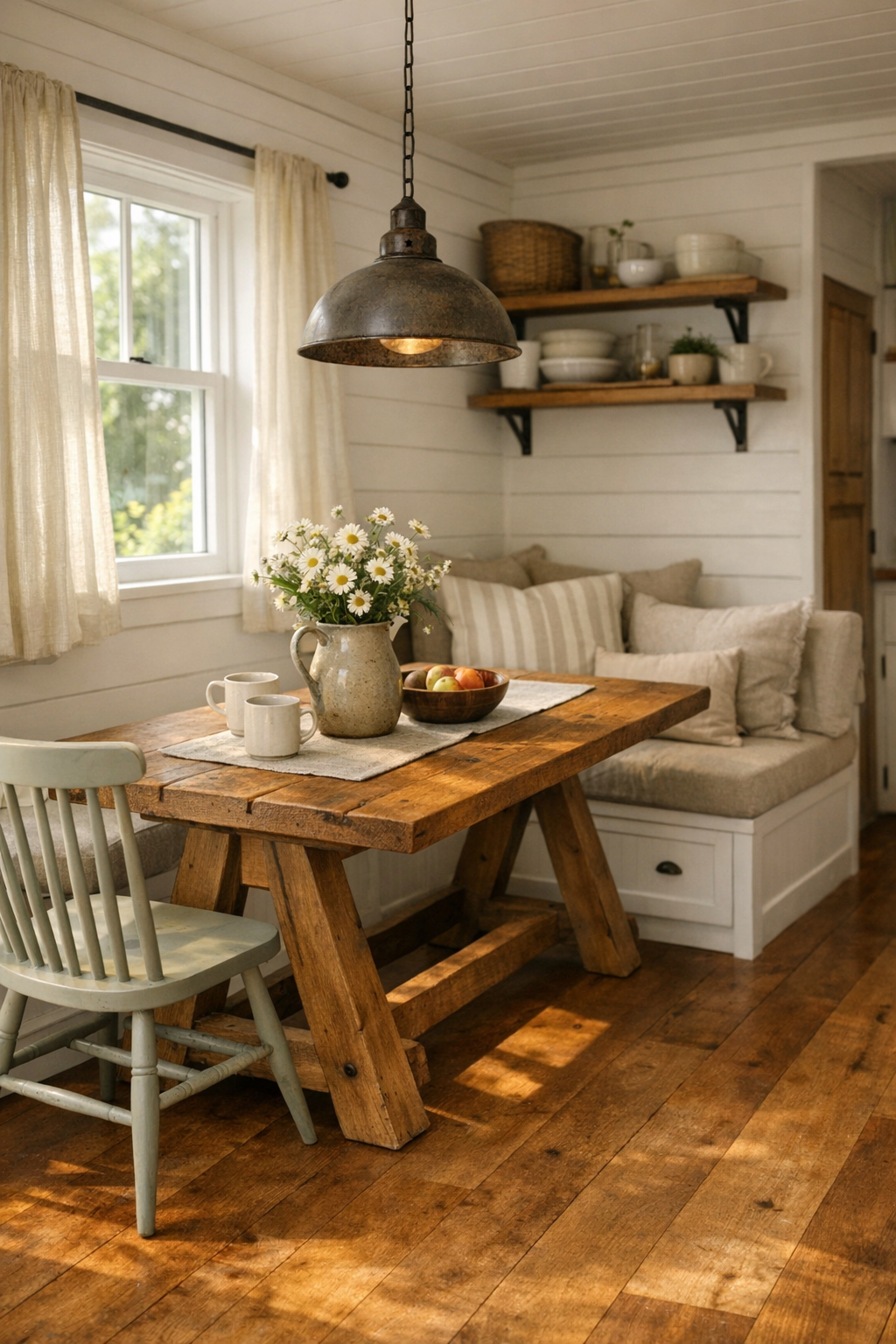 Cozy dining area with a wood trestle table, spindle-back chairs, and soft daylight